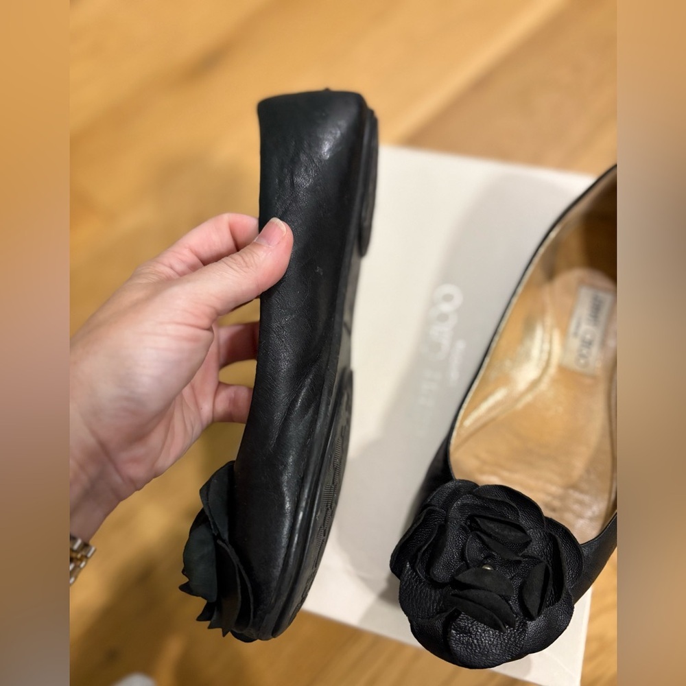 Jimmy Choo Black Leather Rosette Ballet Flats | Size 37.5 | Box | Authentic - Picture 8 of 12